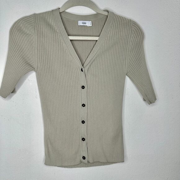 Closed Stone Gray Ribbed Knit V-Neck Front Button Short Sleeve Cardigan Top XXS - Picture 4 of 13